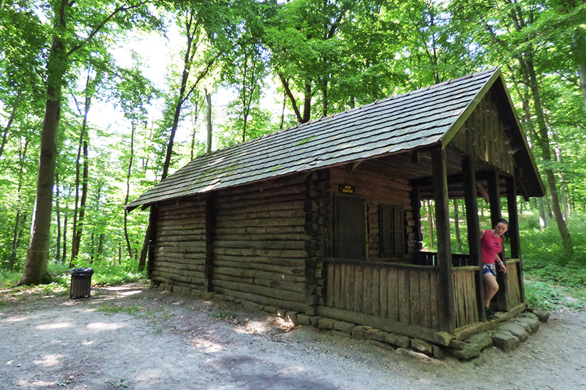 Magyarországi túra: Férfi áll egy faház tornácán, zöld erdőben, napsütésben, kirándulás közben - természetjárás Magyarországon. Tekeregj.hu