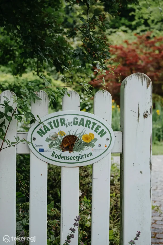 Magyarországi túra: Fehér fakerítés "Natur im Garten Bodenseegärten" táblával, virág- és sünrajzzal, zöld növényzet kirándulóút mentén. Tekeregj.hu